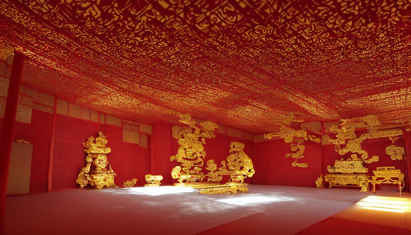 Image similar to volumetric lighting, flowing shimmering colourful fabrics, emerging sounds and an ancient male bearded face , inside a huge traditional Japanese Royal ornate temple , full colour , upscale , 4k