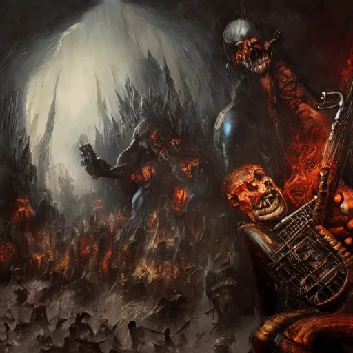 Image similar to jazz quartet in hell, intricate detail, royo, vallejo, frazetta, giger, whealan, hd, unreal engine,