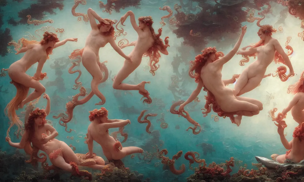 Image similar to a luminous springtime fairytale of beautiful realistic mermaids frolicking together among octopuses and fish and coral and seahorses in the romantic underwater baroque kingdom of Neptune. Neon light, masterpiece 4k digital illustration by Ruan Jia and Mandy Jurgens and William-Adolphe Bouguereau, award winning, Artstation, Gustave Dore' background, intricate details, realistic, panoramic view, volumetric lighting, sun rays beaming, Hyperdetailed, 8k resolution, golden hour, intricate art nouveau, smooth, sharp focus, rendered in Unreal Engine 3