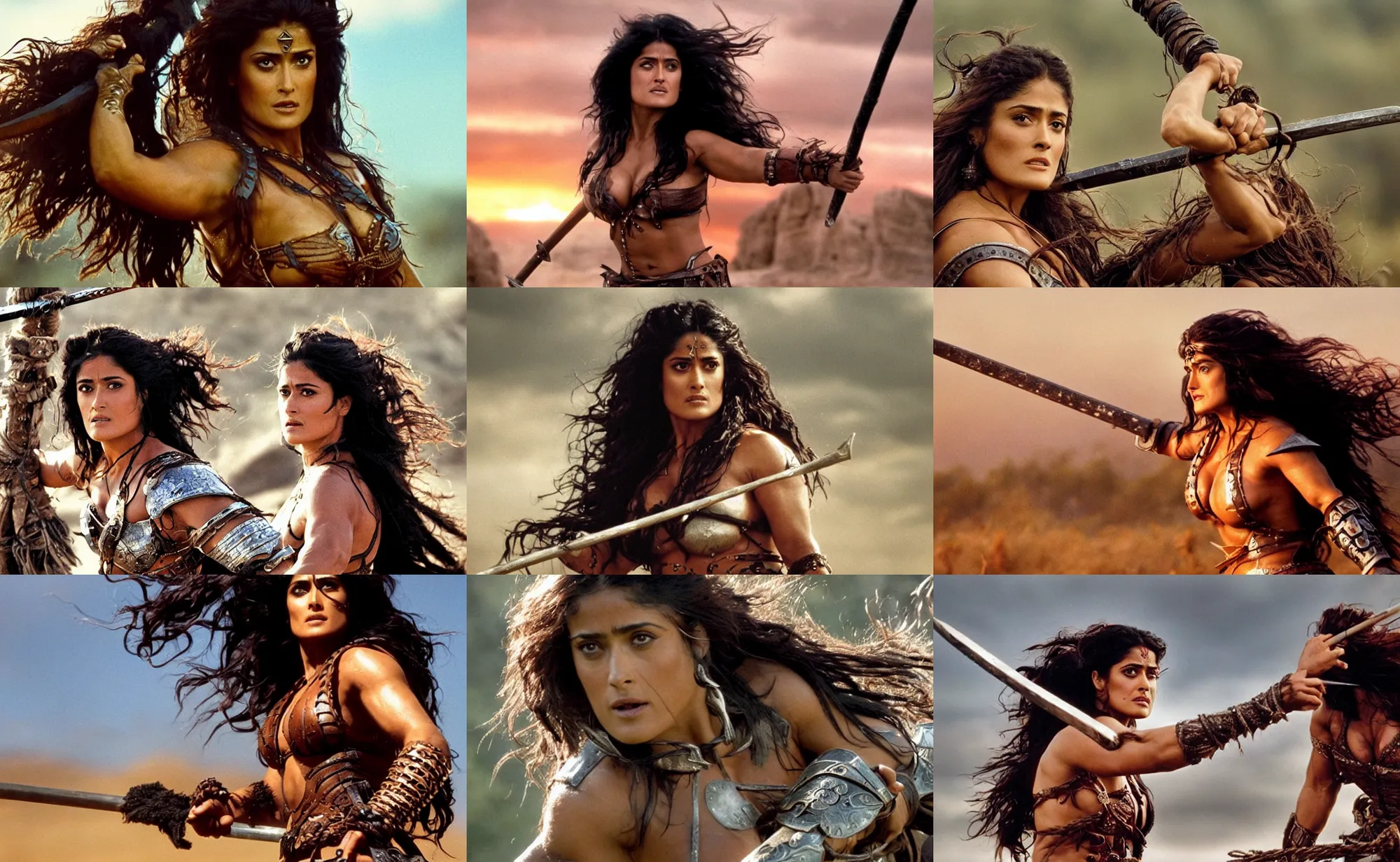Prompt: epic photo of muscular salma hayek as beautiful barbarian warrior princess with long curly black hair blowing in the wind in a battle scene, sweaty, detailed eyes, neutral expression, shallow depth of field, photorealistic, cinematic lighting, lovely bokeh, warm colours, sunset south, strong rim light, movie quality, willow 1 9 8 5, movie still