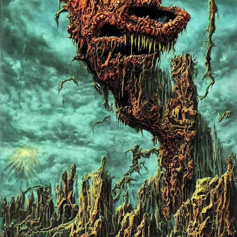 Image similar to a monster coming out of a painting. goosebumps cover art by tim jacobus, bruce pennington, richard corben, and bruce pennington. pulp horror art.