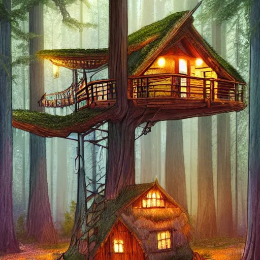 Prompt: detailed concept art of a cozy treehouse with fairy lights, in a redwood forest