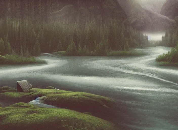 Image similar to matte sharp painting, close - up of a river running past a cozy cabin in the mountains, heavy rain, juxtapoz, artforum, gary baseman, preston blair, tex avery, dan mumford, pedro correa