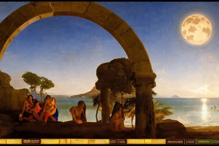 Image similar to The giant greek arch, refracted moon on the ocean, thunderstorm, greek pool, beach and Tropical vegetation on the background major arcana sky and occult symbols, by paul delaroche, hyperrealistic 4k uhd, award-winning, very detailed paradise