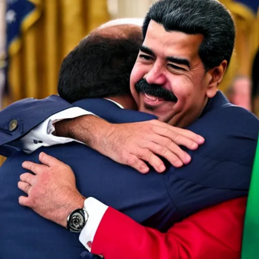 Image similar to Joe Biden and Nicolas Maduro hugging in Tehran, digital art