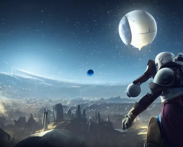 Prompt: the traveler in destiny 2 but it's a ping pong ball floating in the sky over a large city digital art 3 d 4 k wallpaper cover art destiny 2 fanart cinematic