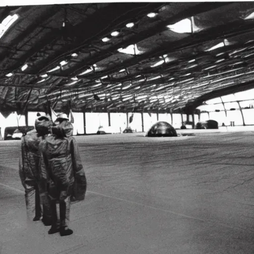 Image similar to flying saucer, ufo, alien ship inside a hanger, old photo, vintage photo, grainy, realistic, real photo, men in hazmat suits standing around