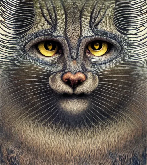 Image similar to detailed realistic beautiful manul portrait by jean delville, gustave dore, iris van herpen and marco mazzoni, art forms of nature by ernst haeckel, art nouveau, symbolist, visionary, gothic, neo - gothic, pre - raphaelite, fractal lace, intricate alien botanicals, ai biodiversity, surreality, hyperdetailed ultrasharp octane render