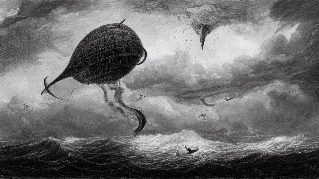 Image similar to drawing of one giant steampunk zeppelin flying above a stormy ocean, by gustave dore, nineteenth century, black and white, vintage, science fiction, epic composition, dramatic lighting, highly detailed, cinematic