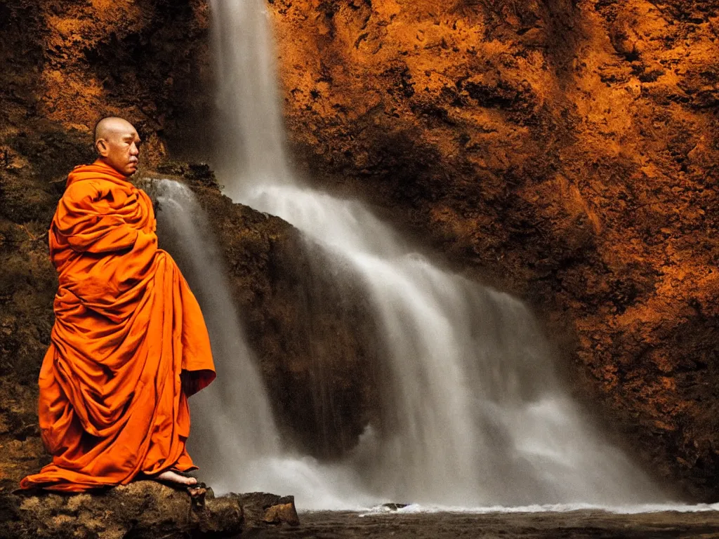 Image similar to dang ngo, annie leibovitz, steve mccurry, a simply breathtaking shot of mediating monk in orange, giantic waterfall, bright moonlight, golden ratio, wide shot, symmetrical