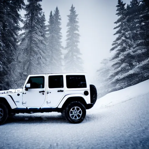 Prompt: white jeep wrangler driving up snow covered mountain ridge, dreamy atmosphere, dramatic lighting, cinematic, photo realism