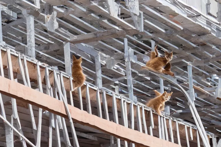 Image similar to kittens walking across a construction beam