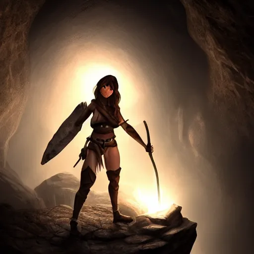 Image similar to a epic hero adventurer holding a torch in a dark cave, artgerm, realistic, cryengine, symmetric