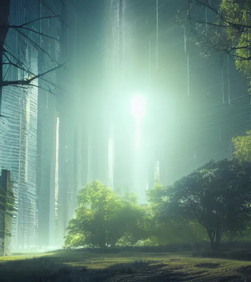 Image similar to symmetric daydreaming of the sun glare, fluidity dance of the blockchain sheets in the air, cyberpunk forest, majestic light, octane render, beauty fog, ethereal glare of the sun, raining rainbow, volumetric lighting, hyperealistic, epic, masterpiece