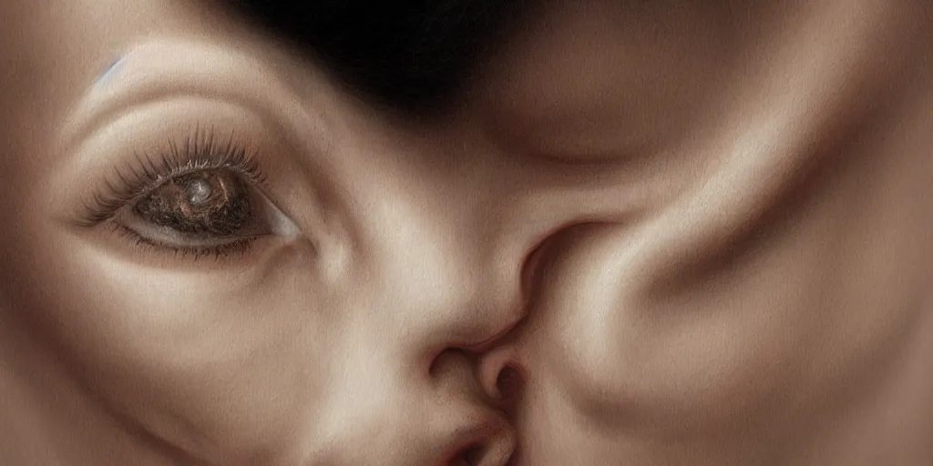 Image similar to hyperrealistic photography of a highly intricate, stunning, beautiful, perfect cyborg female, elbow, knee, intimate, hand holdings, in the style of beth cavener, jin kagetsu, chuck close, and wlop, highly detailed, face, eyes closed, symmetry, masterpiece, award - winning, sharp focus, concept art, ambient lighting, 8 k, artstation