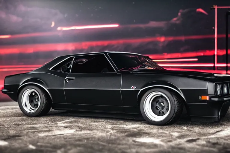 Image similar to widebody all black audi camaro b 1 ( 1 9 6 9 ), need for speed : carbon, at night, sci - fi, neon lines, phonk music background, smoke behind wheels, noise, dark, establishing shot, by simon stalenhag