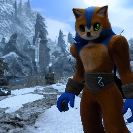 Prompt: A screenshot of the Sonic NPC in Skyrim