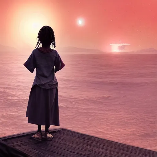 Prompt: A 14-year-old Sudanese girl, standing on the end of a pier in Indonesia, watching Mars appear above the setting sun, low angle, beautiful digital art by Greg Rutkowski