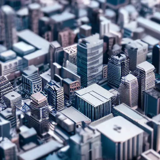 Prompt: macro shot of tiny cityscape, ultra detail, ultra realistic, hyper detailed, sharp focus, ray tracing, octane render