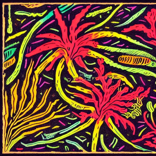 Image similar to vintage colored detailed illustration of random seaweed, neon colors