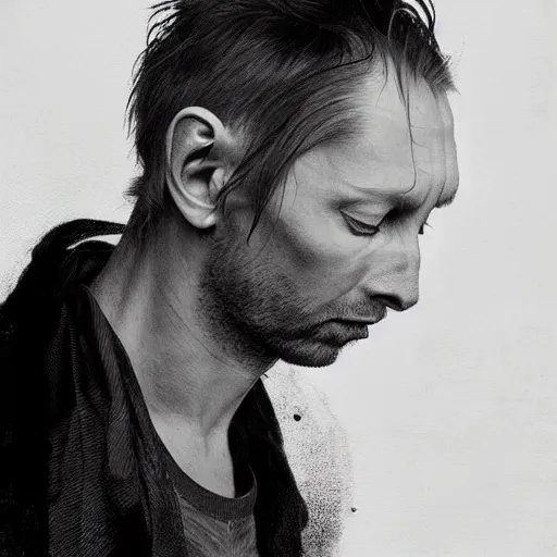 Image similar to hyper realistic portrait of cleanshaven thom yorke hairless, variations singer songwriter ok computer, ( side ) profile, liminal space, by lee bermejo, alphonse mucha and greg rutkowski, no beard, smooth face