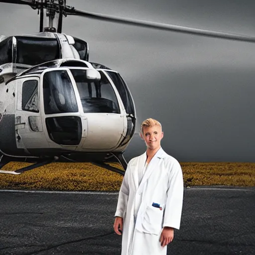 Image similar to blond male doctor in white robe in front of helicopter, epic lighting, drawing