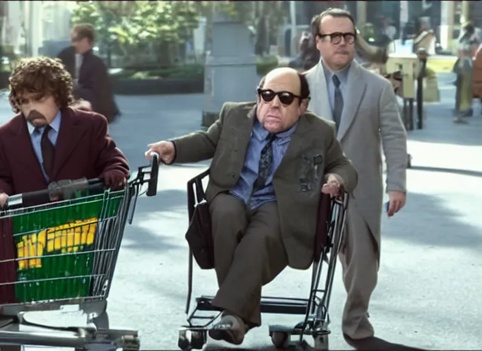 Image similar to peter dinklage in a shopping cart being pushed by danny devito, movie still, from the new jumangi movie, 8 k, realistic