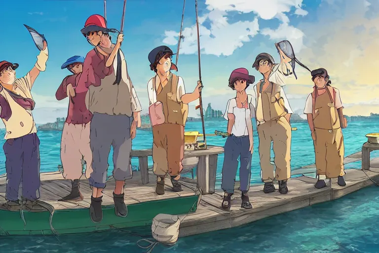 Image similar to cell shaded anime key visual of a group of fisherman trying to sell fish on the docks of a coastal fantasy city in the style of studio ghibli, moebius, makoto shinkai, dramatic lighting