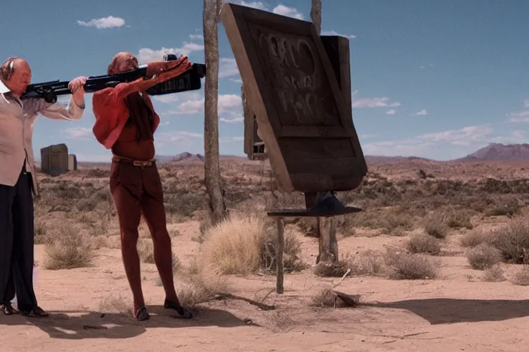 Prompt: extremely muscular Hector Salamanca shooting Saul Goodman, movie still, photorealistic, clean composition, real shot