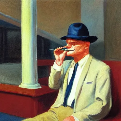 Image similar to A portrait of James Cagney smoking a cigar in a busy hotel lobby, painting by Edward Hopper and John Singer Sargent