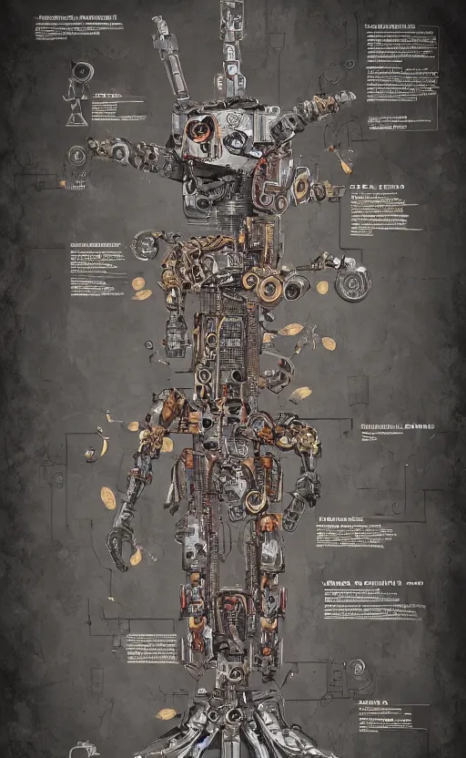 Image similar to anatomy of the terminator, robot, cyborg, t 1 0 0, steampunk, bloodborne diagrams, mystical, intricate ornamental tower floral flourishes, rule of thirds, technology meets fantasy, map, infographic, concept art, art station, style of wes anderson