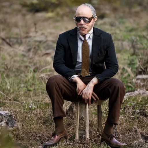 Prompt: A feral psychiatrist in his natural habitat. He is in his forties and wearing round gold glasses, dirty torn white shirt, brown wool vest, and tan suit pants, dark Grey socks, and brown leather shoes. 4K, National Geographic photograph