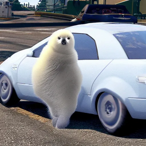 Prompt: baby harp seal driving a stolen car, GTA 6 leak