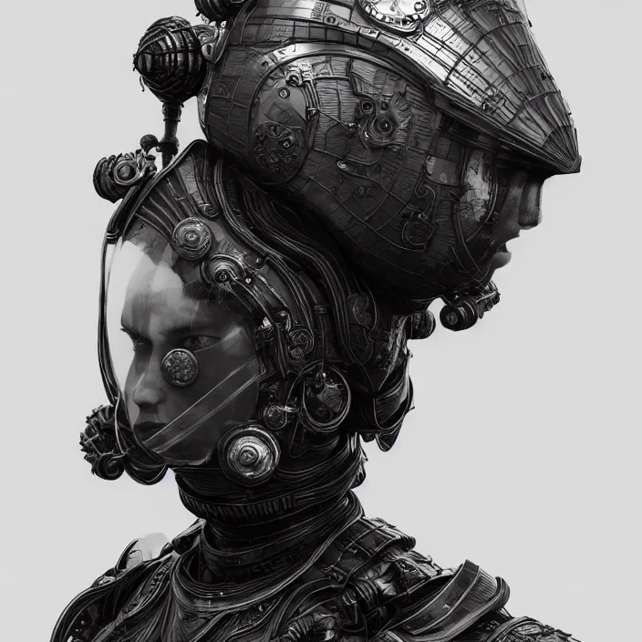 Image similar to a vertical portrait of a character in an spaceship by nihei tsutomu, black and white, dreamy, steampunk armor, highly detailed, 3 d render, vray, octane, realistic lighting