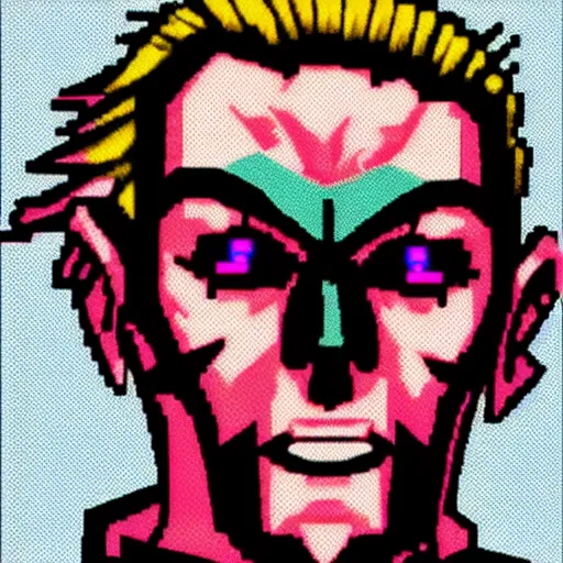 Image similar to neonpunk anarchist with mohawk and cyber implants on face, fuming, angry, grinning, pixel art