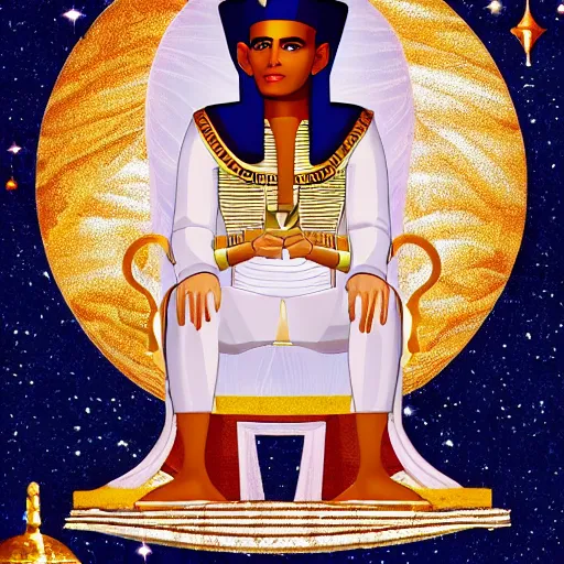 Image similar to handsome egyptian prince sitting on a floating throne, guided by thoth, in outer space, galaxies