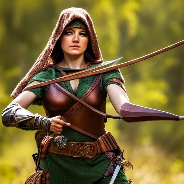 Image similar to beautiful female robin hood warrior, highly detailed, 8 k, hdr, smooth, sharp focus, high resolution, award - winning photo