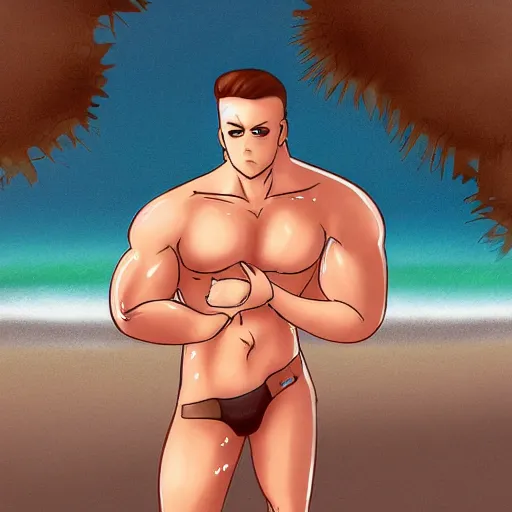 Image similar to bara character at beach, drawn by sakimichan