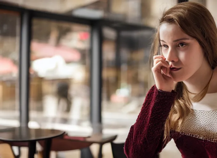 Prompt: beautiful!!!!! young adult woman in a cozy coffee shop staring seductively at the lens wearing an avant garde outfit designed by zaha hadid, close up, natural lighting, 5 0 mm