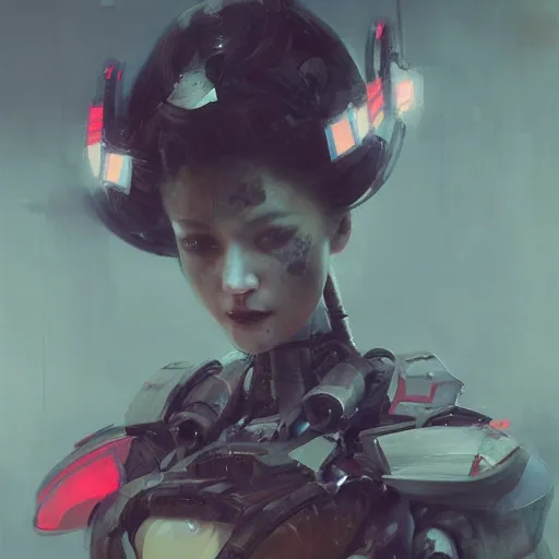 Image similar to portrait of a geisha robot by greg rutkowski and ruan jia, mecha, washed colors, dark, gloomy, matte painting, unreal engine 5