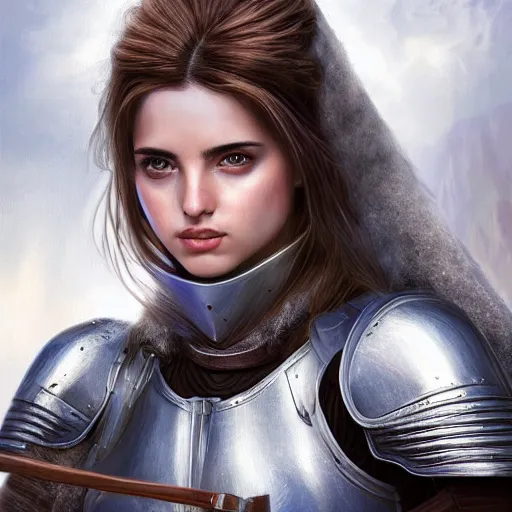Prompt: head and shoulders portrait of a female knight, ana de armas as joan of arc, by artgerm, face detail, extremely detailed, digital illustration