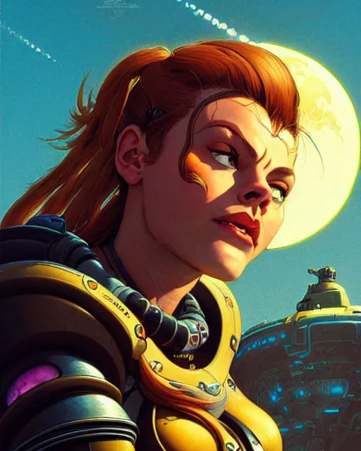 Prompt: brigitte from overwatch, character portrait, portrait, close up, concept art, intricate details, highly detailed, vintage sci - fi poster, retro future, in the style of chris foss, rodger dean, moebius, michael whelan, and gustave dore