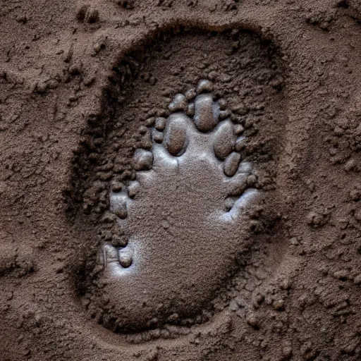 Image similar to the footprint of bigfoot in the mud, 4 k high - resolution photograph, ultra detail, hd photo