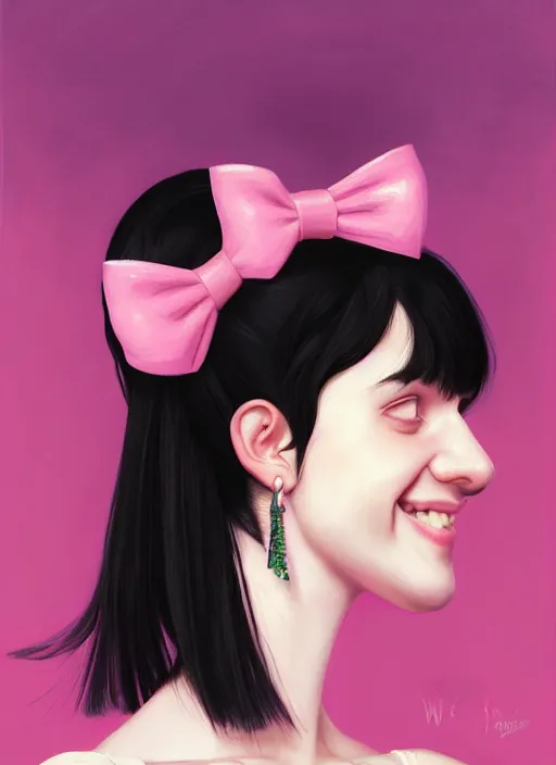 Image similar to portrait of teenage girl, realistic, black hair, bangs, half updo hairstyle, pointy nose, skinny, smile, ugly, defined jawline, big chin, pink hair bow, earrings, intricate, elegant, glowing lights, highly detailed, digital painting, artstation, sharp focus, illustration, art by wlop, mars ravelo and greg rutkowski