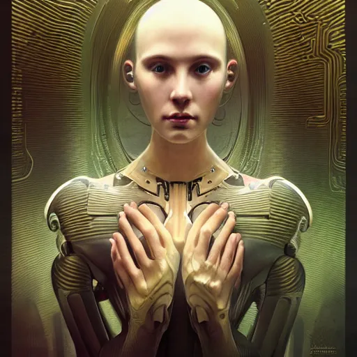 Prompt: portrait of a beautiful female android, coy, circuitry visible in head, in the style of ex machina, karol bak, alphonse mucha, greg rutkowski, award winning, hr giger, artstation