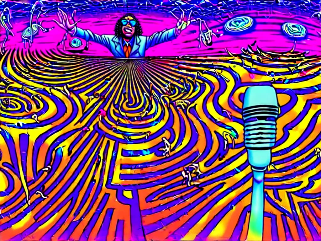 Image similar to rapping on stage at festival, holding microphone, giant crowd, epic angle, happy, psychedelic, hip hop, surreal, neon, vaporwave, detailed, illustrated by Alex Grey, 4k