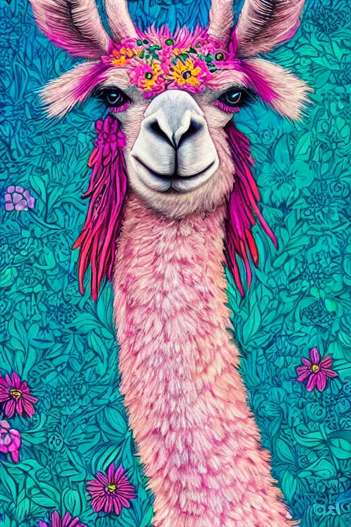 Prompt: Anthro Llama Portrait, magical, flowers, bright pink highlights, detailed intricate ink illustration, Llama, dark atmosphere, detailed illustration, hd, 4k, digital art, overdetailed art, concept art, art noveau, Llama, Trending on artstation, deviantart, watched, faved, read