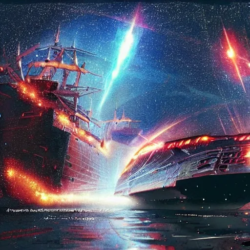 Prompt: Attack ships on fire off the shoulder of Orion, C–beams glitter in the darkness at Tannhauser Gate, All those moments will be lost in time like tears in rain, Time to die, Hyper detail, full of colour, science fiction, cinematic