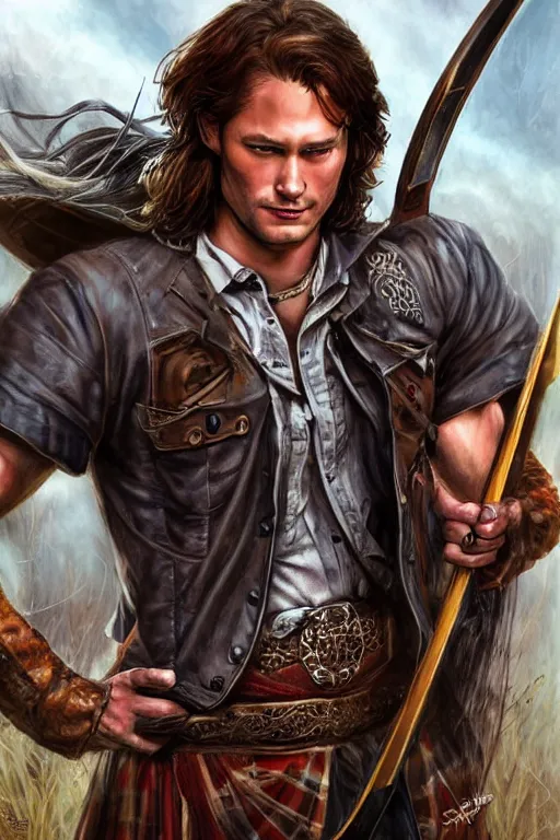 Prompt: front portrait of attractive sam winchester as a highlander in a romance book, fantasy style, sharp focus!, ultra detailed, art by artgerm and peter andrew jones, wlop