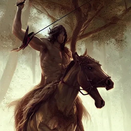 Prompt: Adam Driver as a centaur warrior, human upper torso attached to a horse body, aiming a bow and arrow, galloping through the forest, digital art, fantasy art by Greg Rutkowski